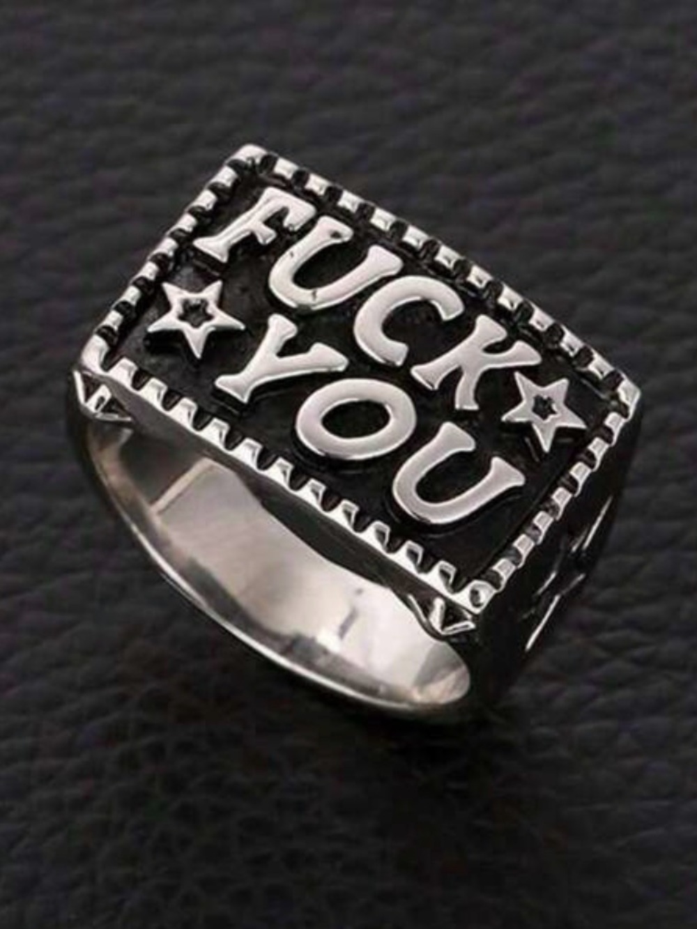 Mens Silver-Tone Statement Ring with Black Enamel - Bold Lettering